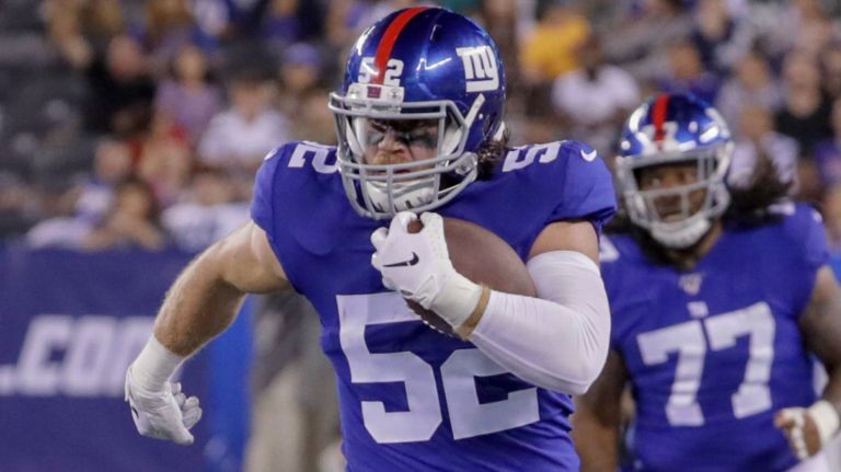 New York, USA. August 8, 2019, East Rutherford, New Jersey, USA: New York  Giants outside linebacker Jake Carlock (52) during a preseason game between  the New York Jets and the New York