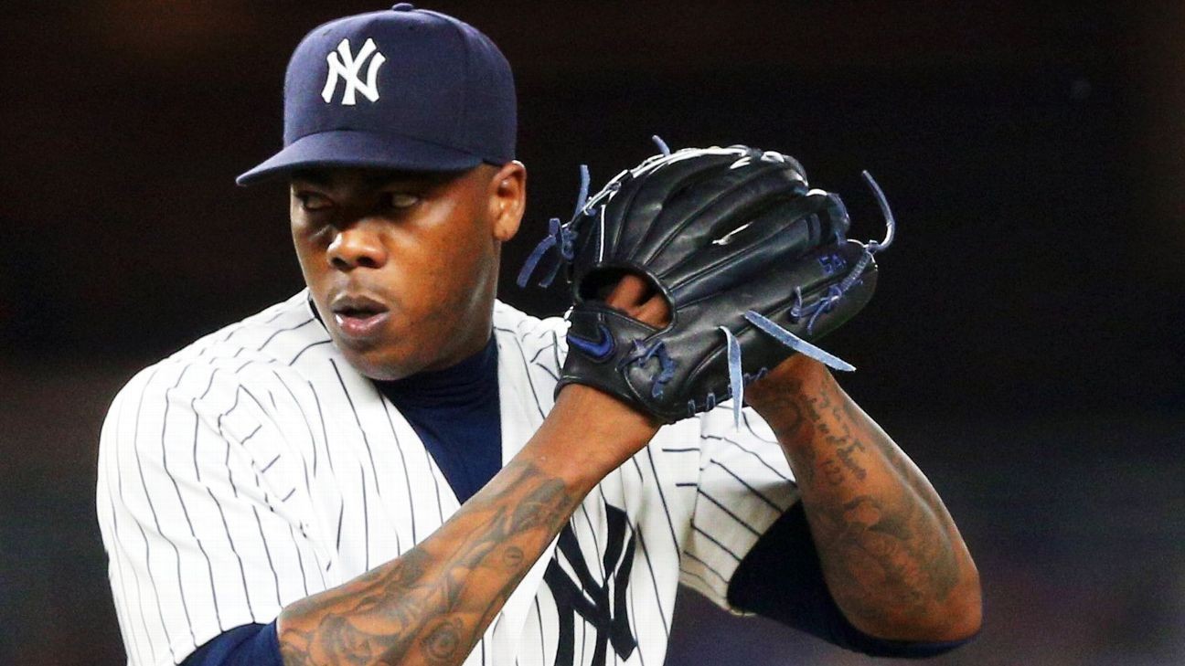 - New York Yankees closer Aroldis Chapman struck out three and walked one i...
