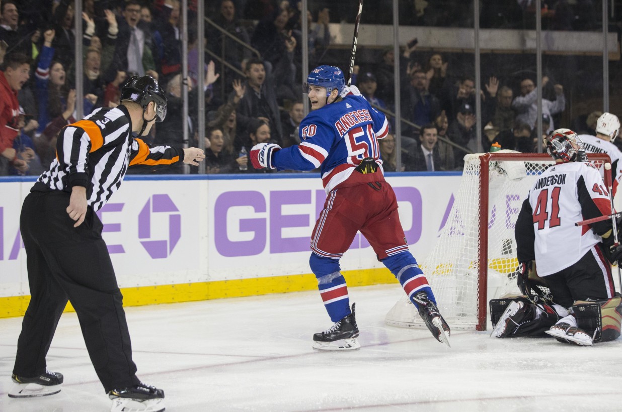 Rangers rookie uses backside to score first goal of the season