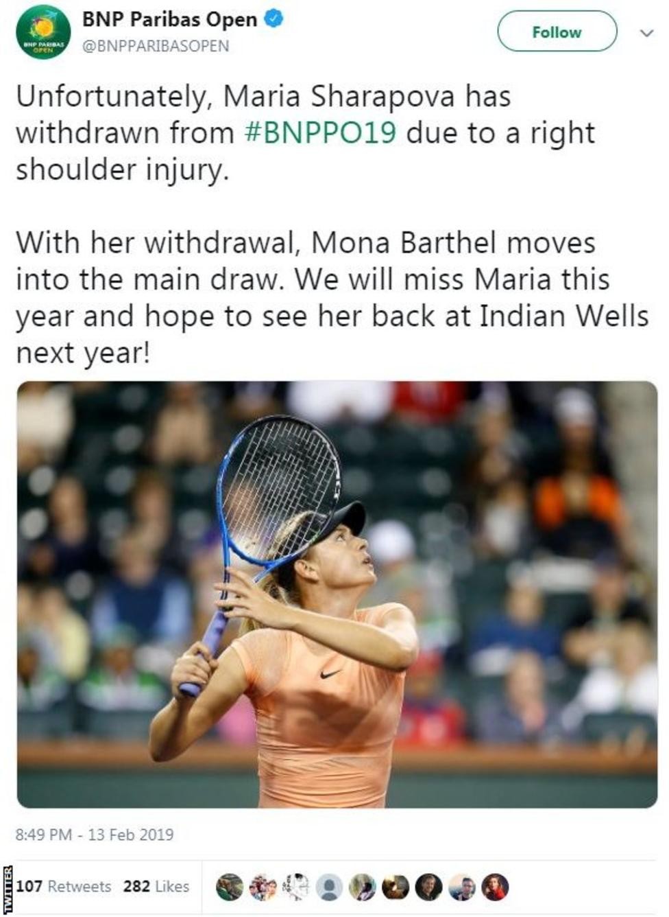 Indian Wells: Two-time champion Maria Sharapova withdraws