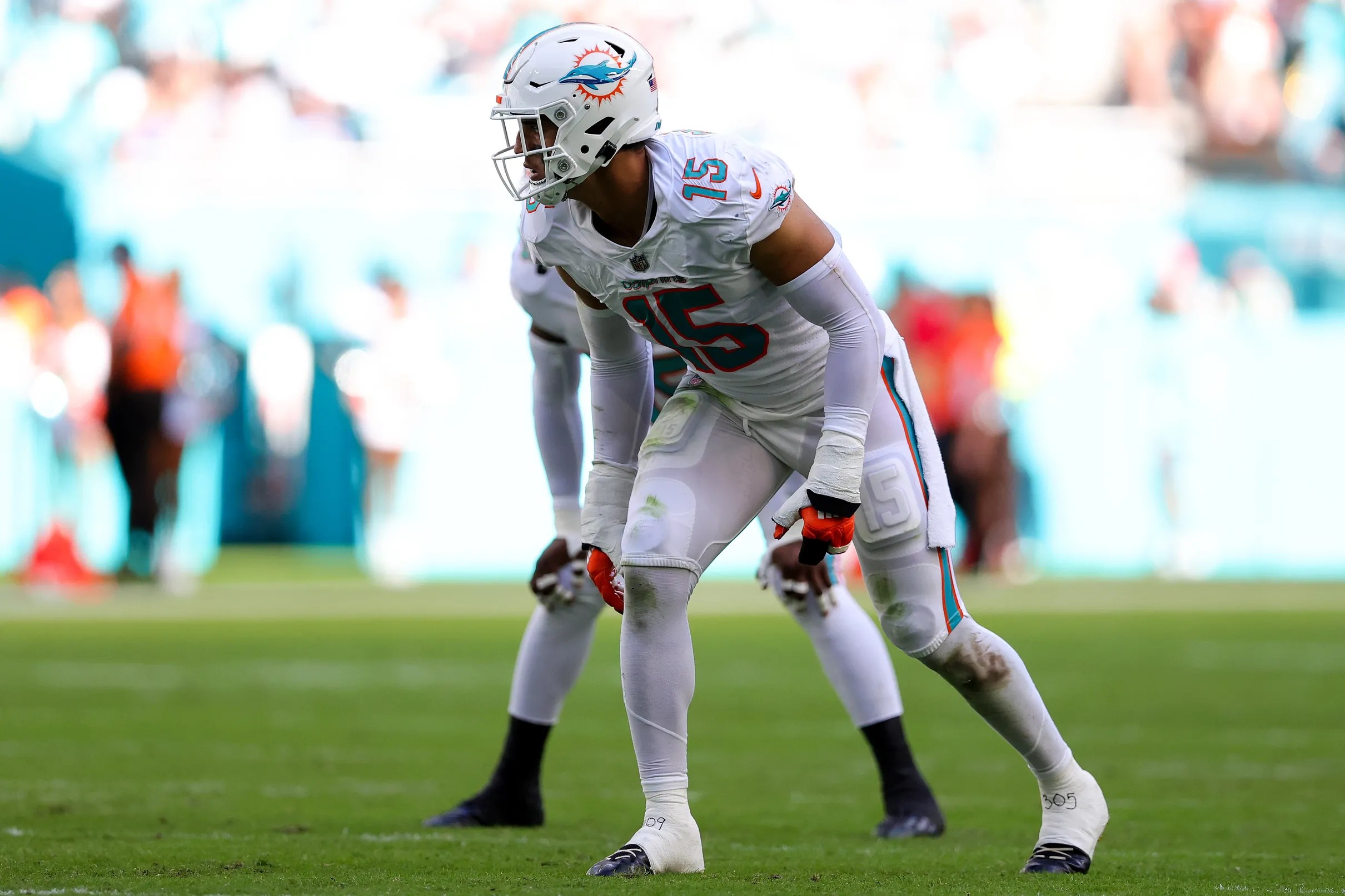 Miami Dolphins linebacker Jaelan Phillips looks on during the game