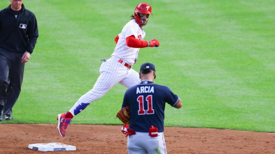 Bryce Harper stares down Orlando Arcia after hitting two home runs