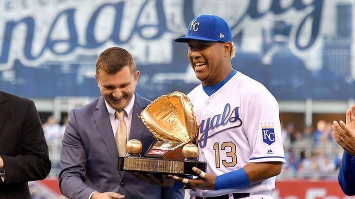 Salvador Perez and Lorenzo Cain of the Kansas City Royals joke