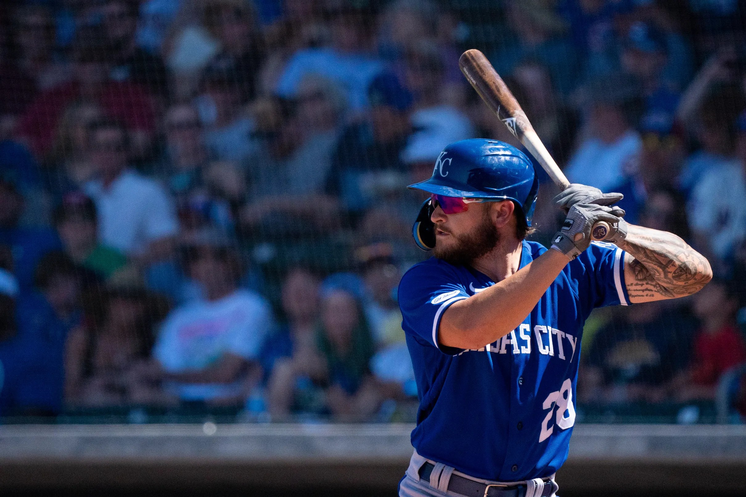 Kansas City Royals' Kyle Isbel, right, is congratulated by Jackie