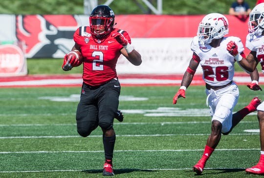 Ball State running back Caleb Huntley (2) runs against Indiana during the  first half of a college football game in Indianapolis, Saturday, Aug. 31,  2019. (AP Photo/Michael Conroy Stock Photo - Alamy