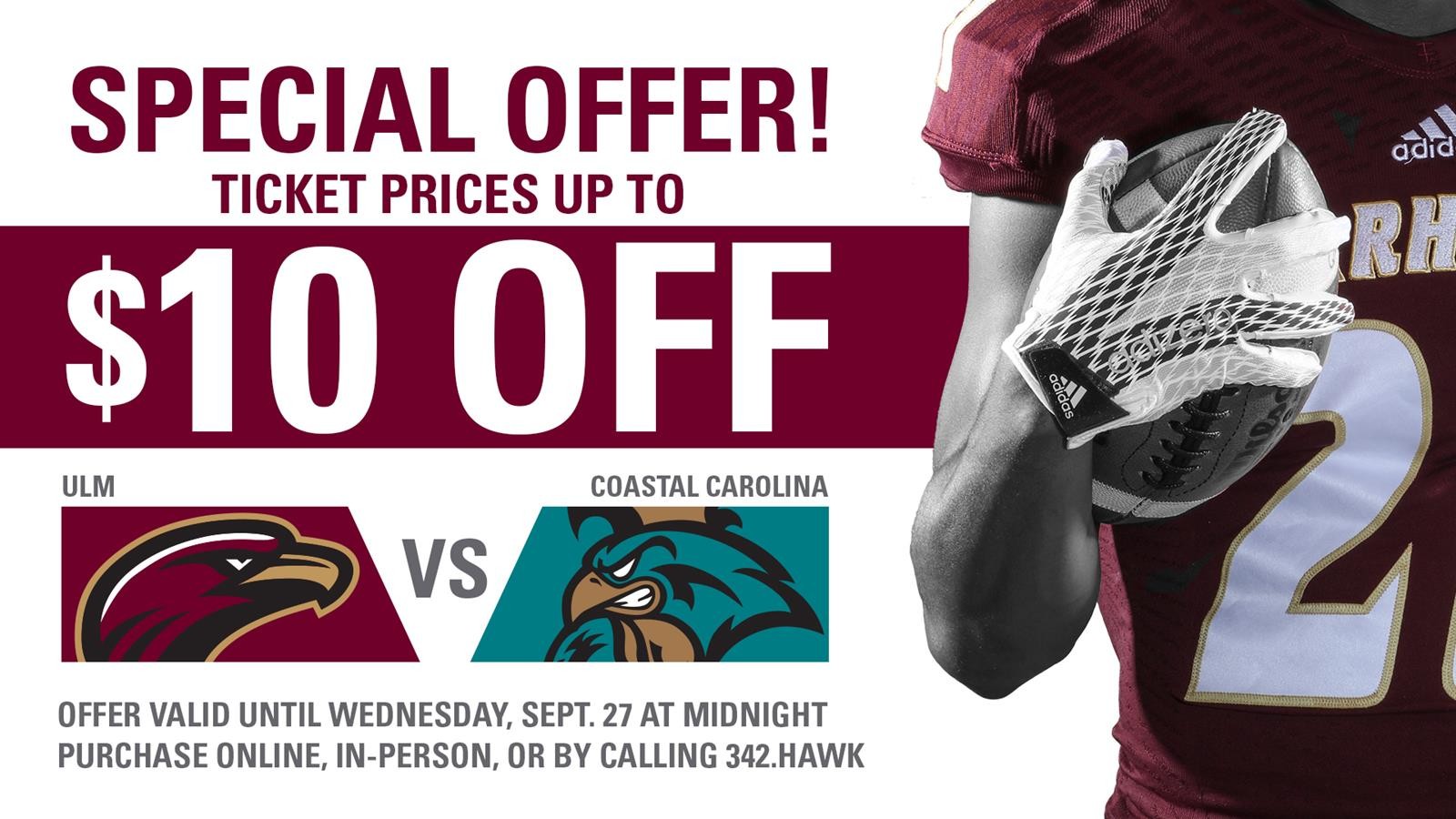 Special Ticket Offer for Saturday’s ULMCoastal Carolina Football Game