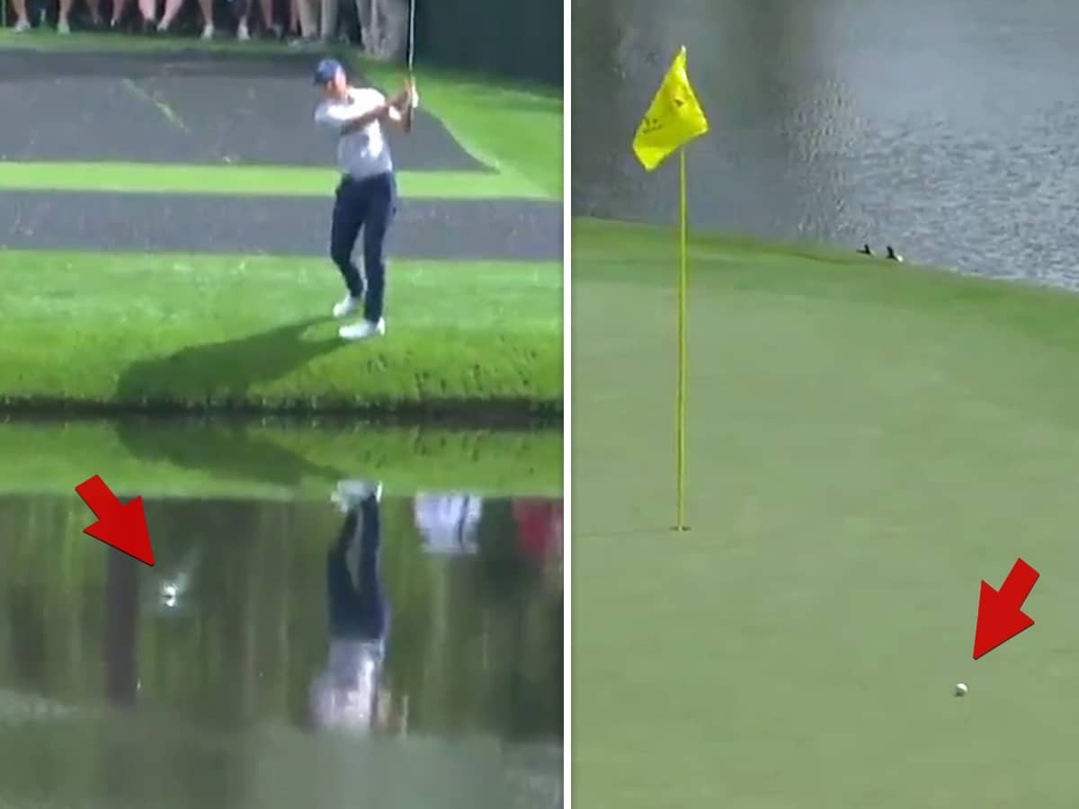 PGA's Jordan Spieth Insane Golf Shot Skips Ball On Water!!!