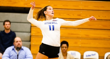 wins volleyball georgetown battle five over set