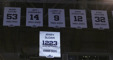 Banner Day Jazz Raise Banner For Hall Of Fame Coach Jerry Sloan