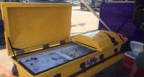 LSU Fans Celebrate 'Death Valley' with Casket Beer Cooler at Tailgate