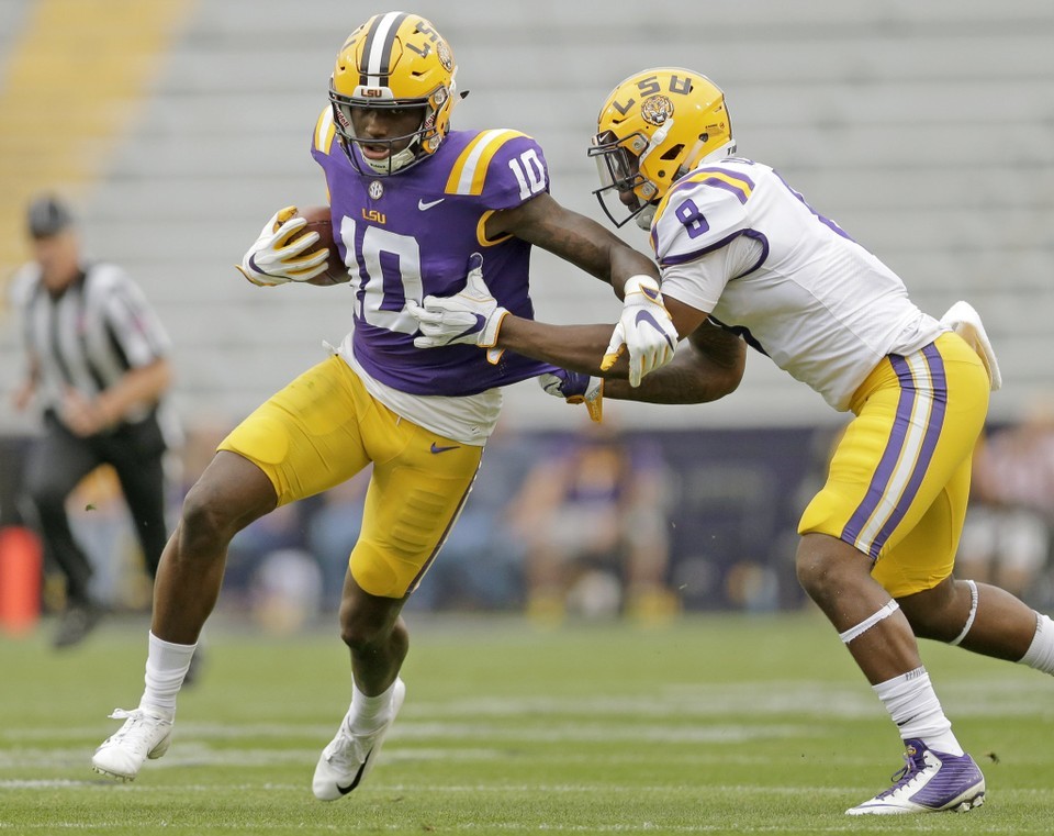 LSU working wide receiver Stephen Sullivan at tight end