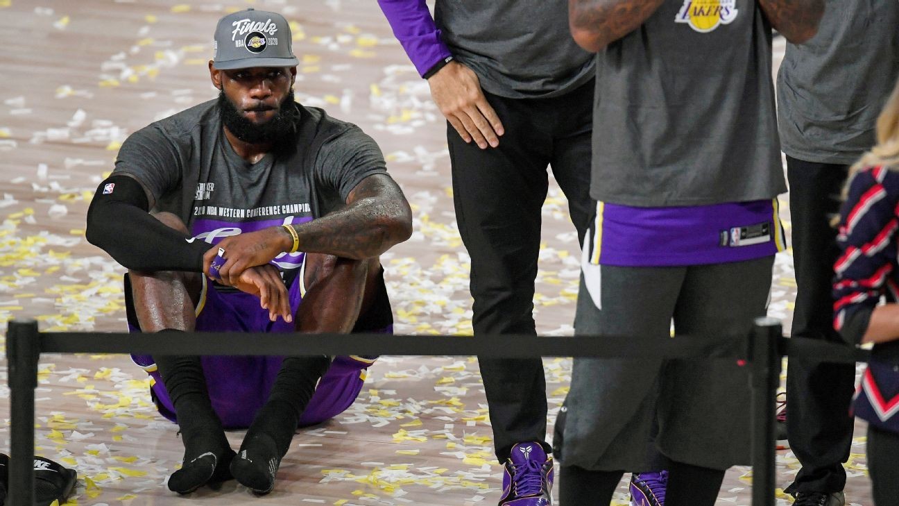 Los Angeles Lakers' LeBron James shrugs at making 10th NBA Finals