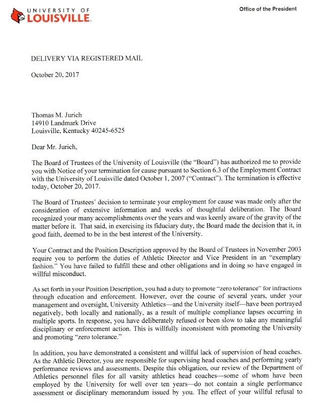 Louisville Roasted Tom Jurich in Termination Letter